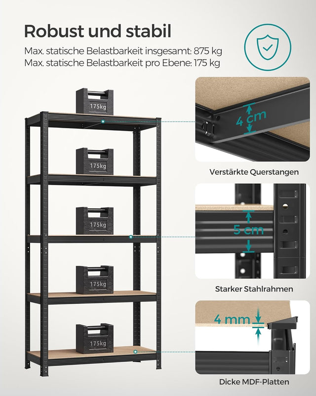 Schwerlastregale Stahlgestell Verstellbare Ablagen, 40 x 90 x 180 cm, Schwarz