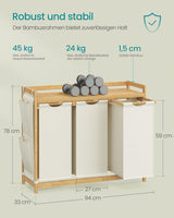 Wäschekorb Bambus 3 Fächer Cremeweiss von Songmics