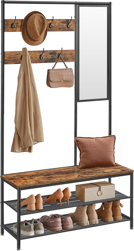 Kleiderständer Garderobe mit Spiegel Sitzbank Vintagebraun von Songmics