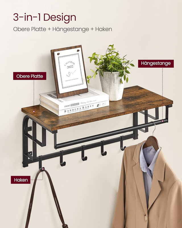 Wandgarderobe mit Aufbewahrungsregal 66cm rustikal Braun von Songmics