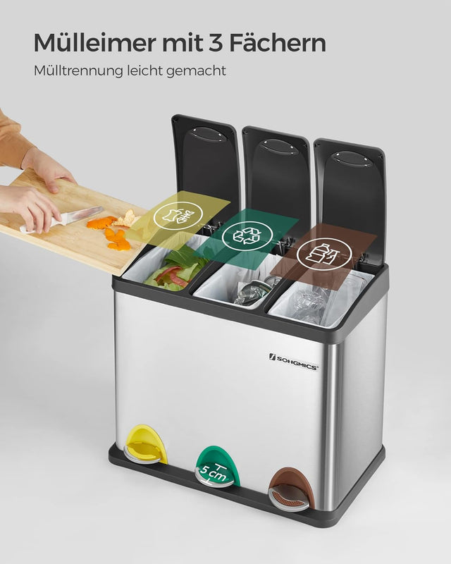 Mülleimer Küche 24L Mülltrennsystem 3 Fächer silbern-schwarz inkl. Müllsäcke