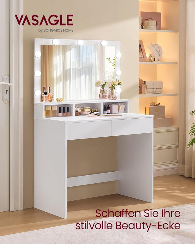 Schminktisch LED Beleuchtung Spiegel Schubladen, 80 x 40 x 140 cm, Weiss