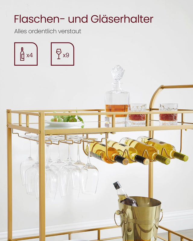 Servierwagen mit Gläserhalter und Glasablagen goldfarben von Songmics