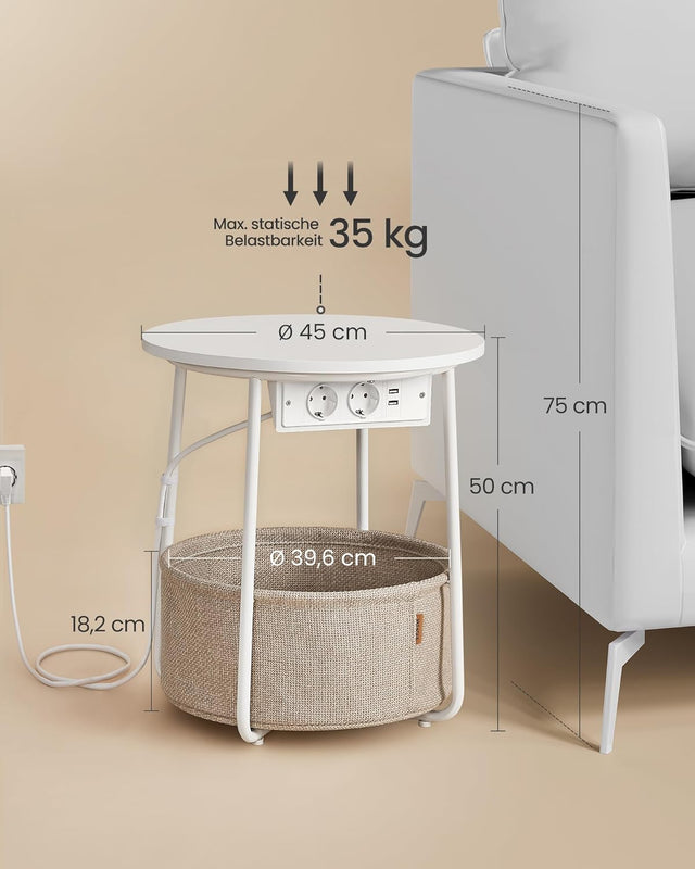 Beistelltisch mit Steckdose Stauraum, Mattweiss-Kamelbraun