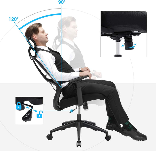 Bürostuhl Ergonomisch Verstellbar Lendenwirbelstütze Kopfstütze Schwarz