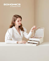 Schmuckkästchen mit Glasdeckel 3 Ebenen wolkenweiss-golden von Songmics