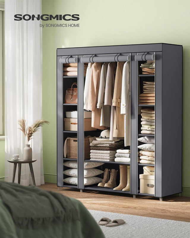 Kleiderschrank mit Ablagen und Stange Grau