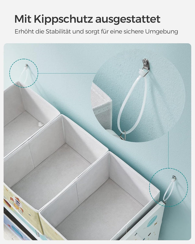 Kinderzimmerregal Weltall mit 7 Aufbewahrungsboxen Weiss