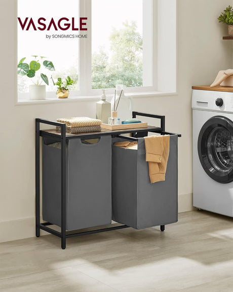 Wäschekorb mit 2 Fächern und Ablage, schiefergrau-vintagebraun von Songmics