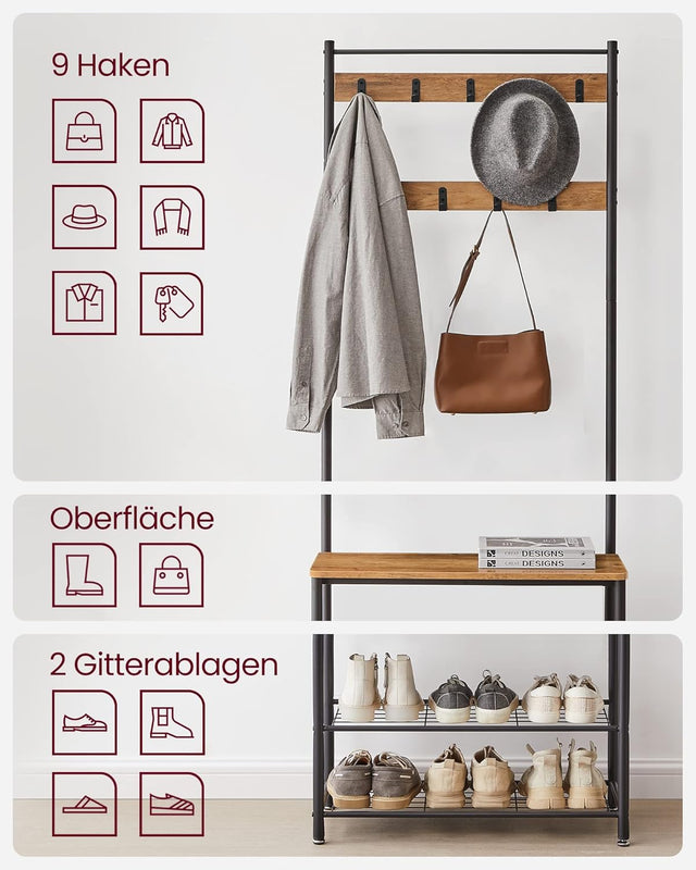 Garderobenständer mit Schuhablagen Industrie-Design Walnussbraun