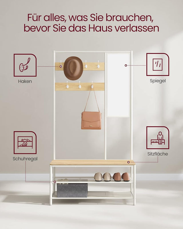 Kleiderständer Garderobe mit Spiegel Sitzbank Eiche Weiss von Songmics