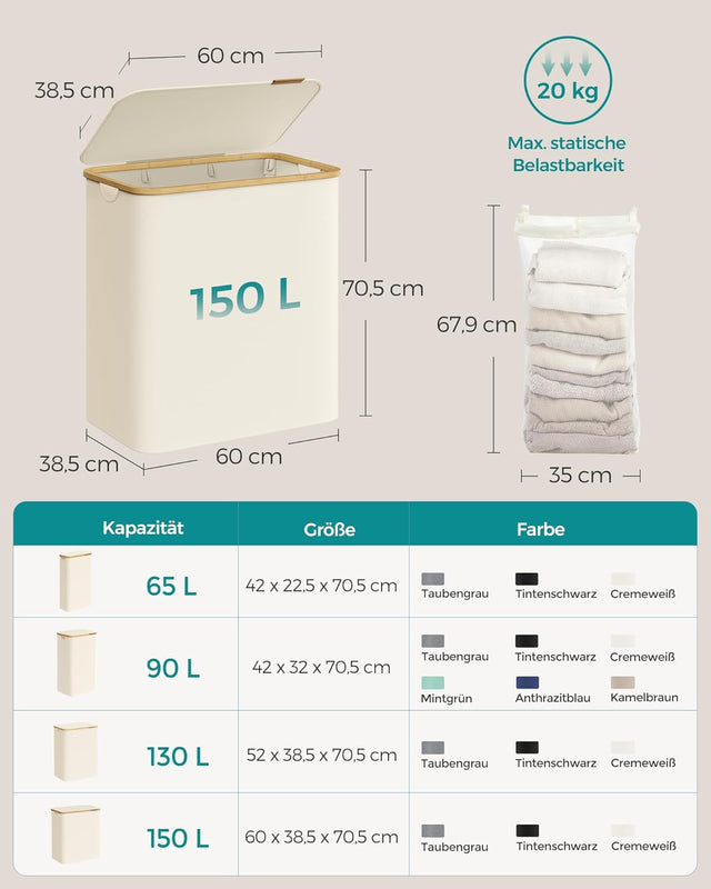 Wäschekorb mit Deckel 3 Fächer Cremeweiss von Songmics