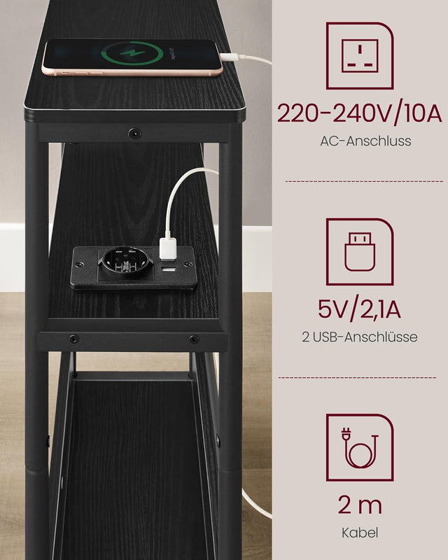 Beistelltisch mit Ladefunktion, 3 Ablagen, schwarz