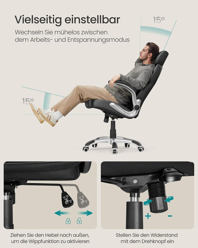 Bürostuhl Gaming Verstellbar Kopfstütze Armlehnen Schwarz von Songmics