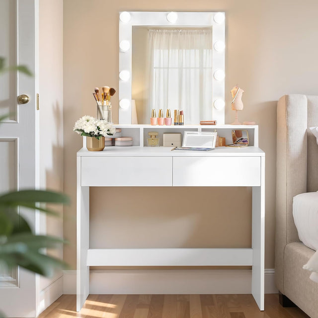 Schminktisch LED Spiegel Schubladen Fächer Weiss