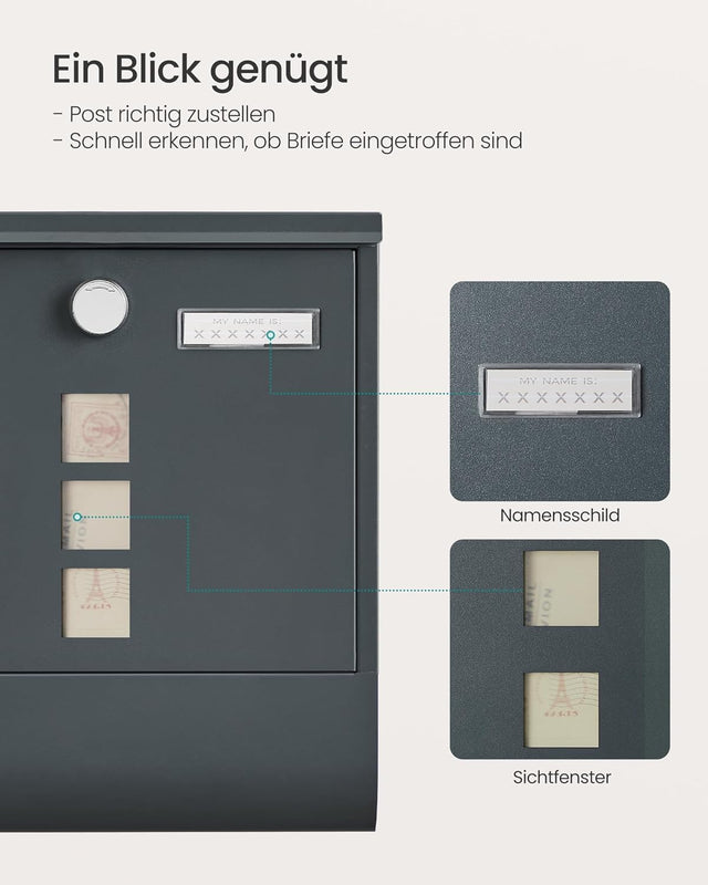 Wandbriefkasten Schloss Sichtfenster Zeitungsfach Anthrazitgrau