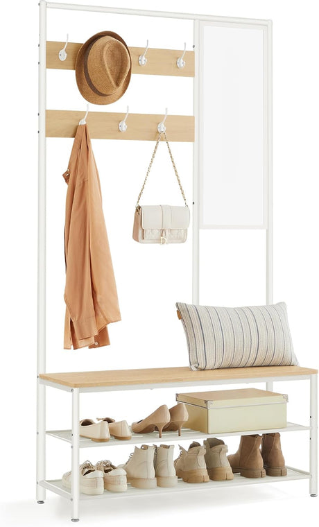 Kleiderständer Garderobe mit Spiegel Sitzbank Eiche Weiss von Songmics