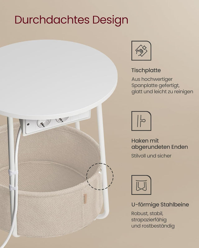 Beistelltisch mit Steckdose Stauraum, Mattweiss-Kamelbraun