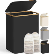 Wäschekorb 2 Fächer Bambus Griffe Schwarz