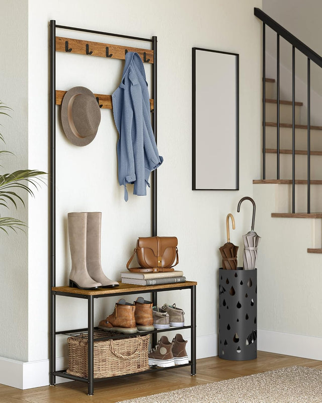 Garderobenständer mit Schuhablagen Industrie-Design Walnussbraun