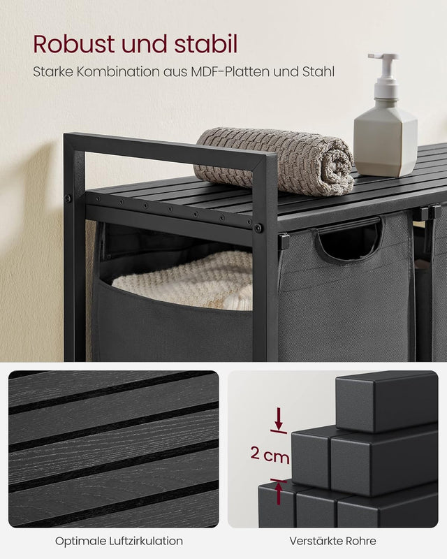 Wäschekorb mit 3 Fächern und Ablage, schiefergrau-anthrazitgrau von Songmics