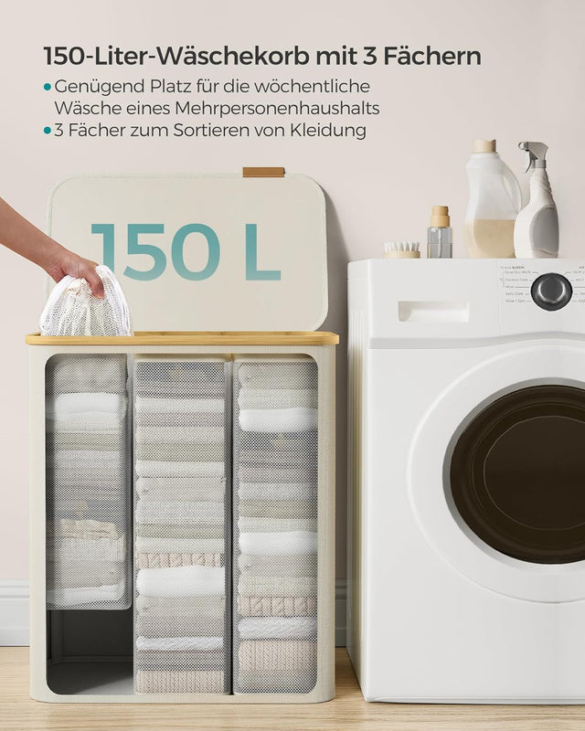 Wäschekorb mit Deckel 3 Fächer Cremeweiss von Songmics