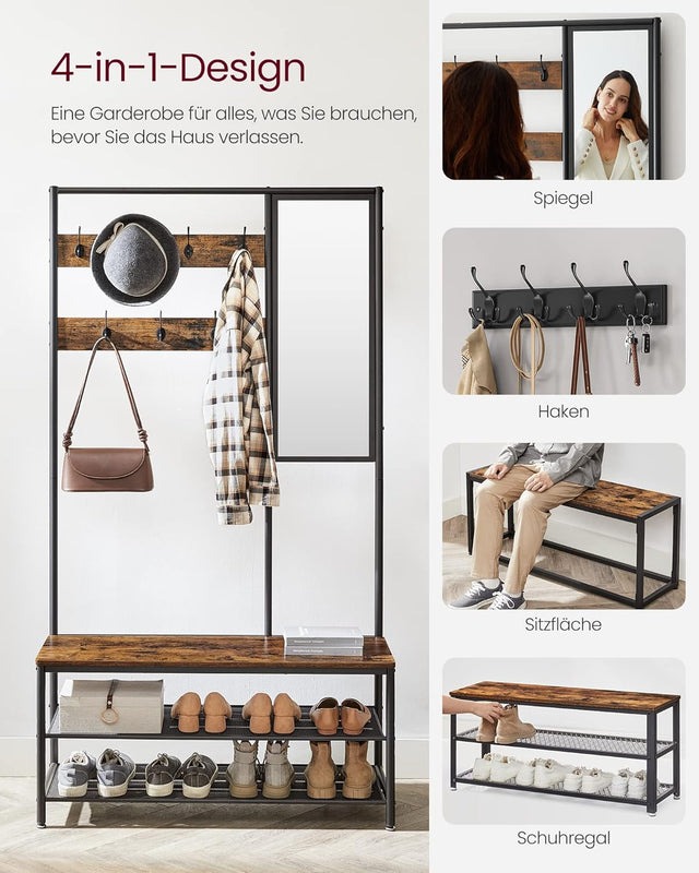 Kleiderständer Garderobe mit Spiegel Sitzbank Vintagebraun von Songmics