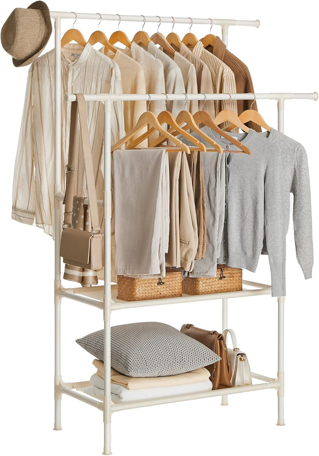 Kleiderständer Metall mit 2 Stangen und 2 Ablagen Weiss