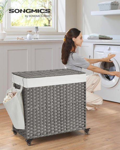 Wäschekorb Rattan-Optik 3 Fächer Grau von Songmics