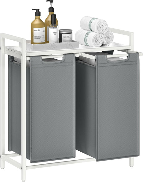 Wäschekorb mit 2 Fächern und Ablage, schiefergrau-mattweiss von Songmics