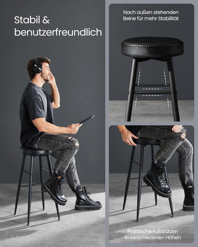 Barhocker 2er Set Kunstleder Mid-Century Schwarz Tall