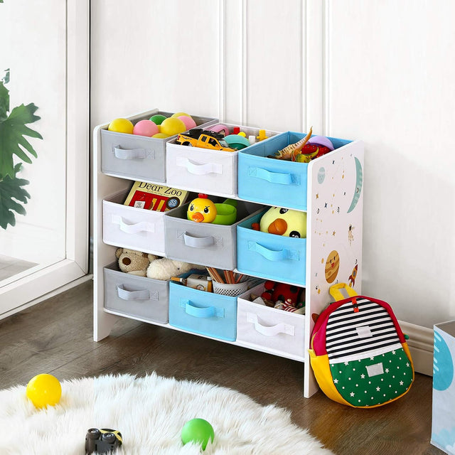Kinderzimmerregal mit 9 Aufbewahrungsboxen Weltall Weiss