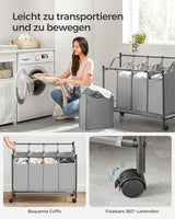 Wäschekorb mit Rollen und 4 Stofftaschen Grau von Songmics