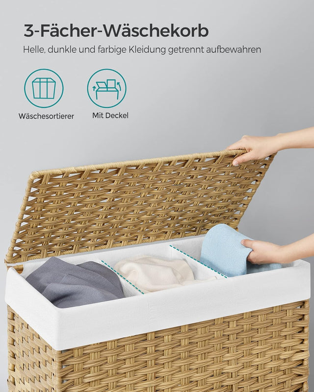 Wäschekorb Rattan-Optik 3 Fächer Naturfarben von Songmics
