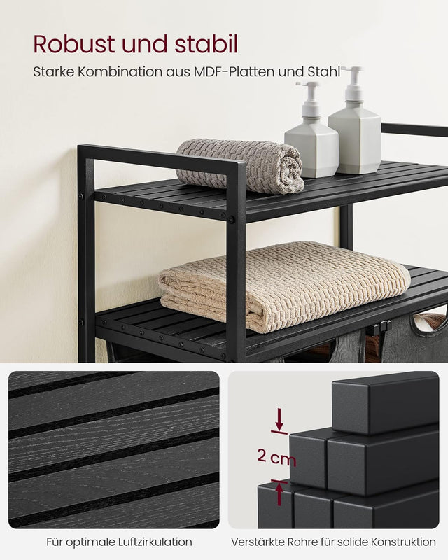 Wäschekorb mit 2 Fächern und 2 Ablagen, schwarz-grau von Songmics