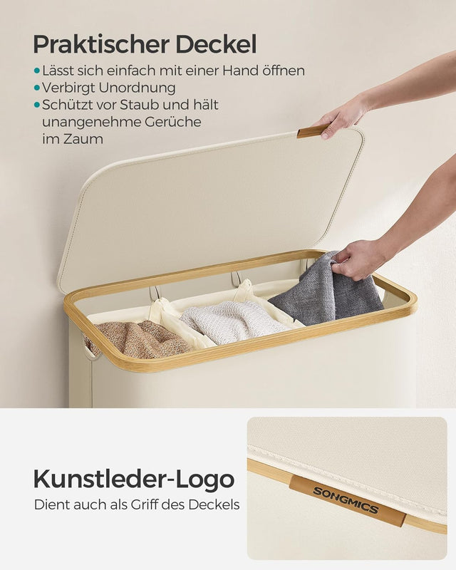 Wäschekorb mit Deckel 3 Fächer Cremeweiss von Songmics