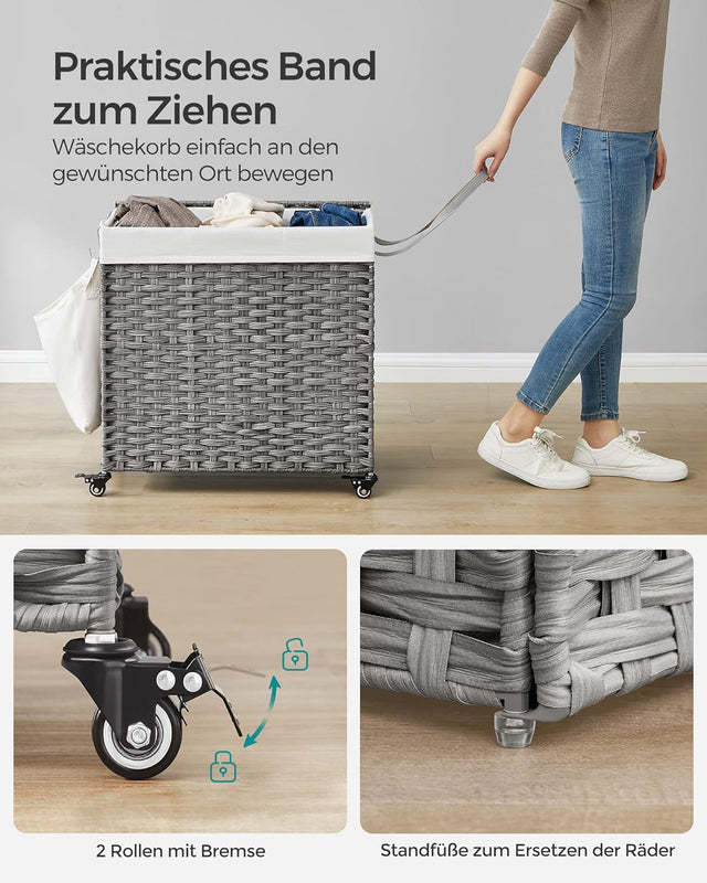 Wäschekorb Rattan-Optik 3 Fächer Grau von Songmics