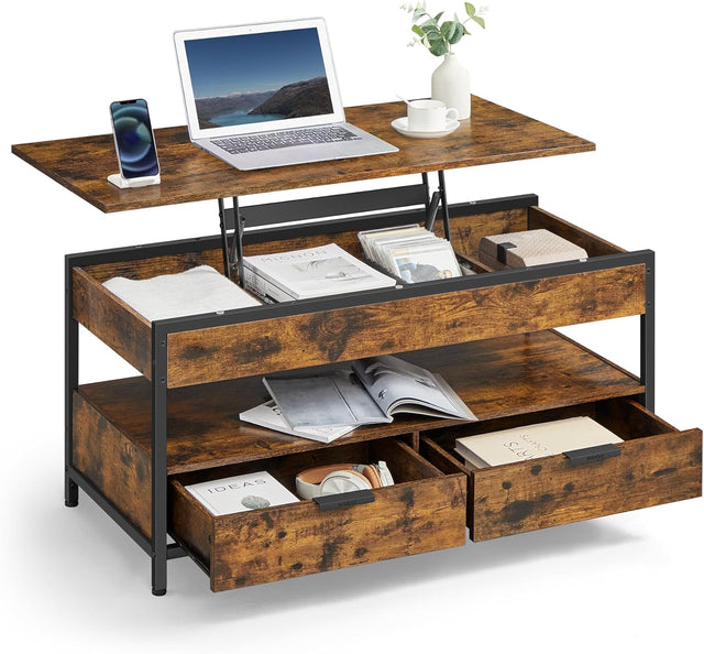 Couchtisch Höhenverstellbar Schubladen Vintagebraun Tintenschwarz von Songmics