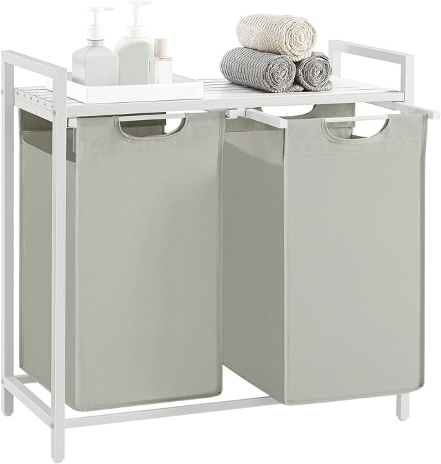 Wäschekorb mit 2 Fächern und Ablage, cremeweiss-mattweiss von Songmics