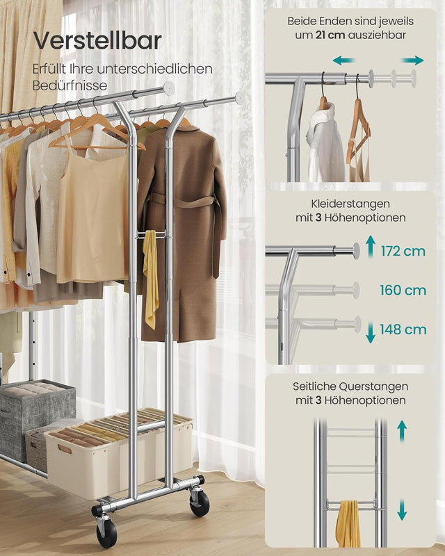 Kleiderständer Metall Schwerlast Verstellbar Rollen Silber von Songmics