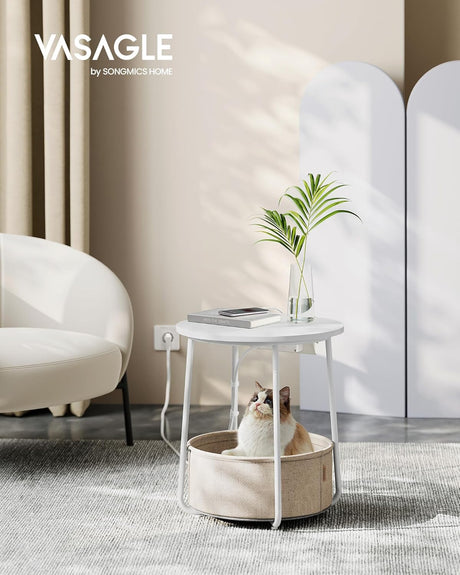 Beistelltisch mit Steckdose Stauraum, Mattweiss-Kamelbraun