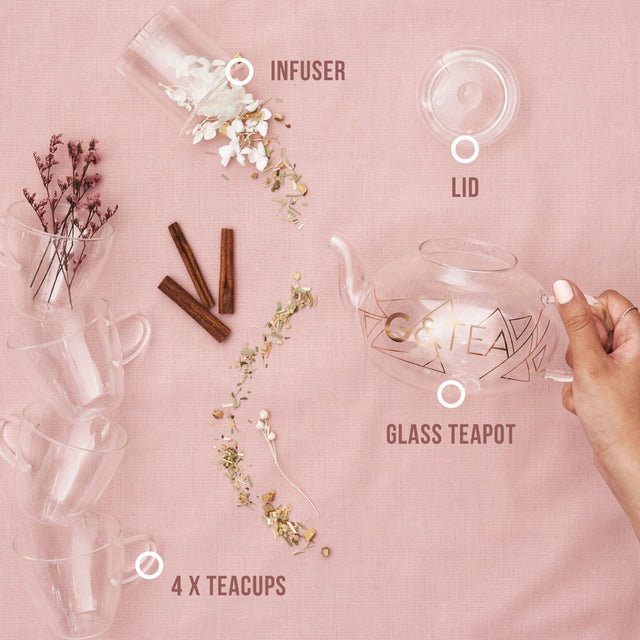 Gin Teekrug aus Glas mit Tassen