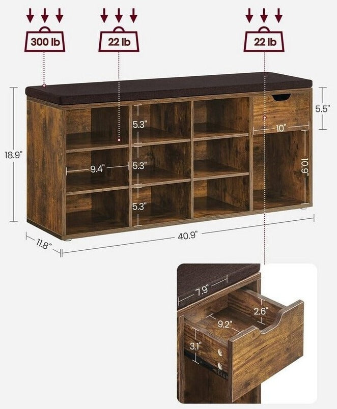 Schuhbank Regal Sitzbank Polster Vintagebraun Braun